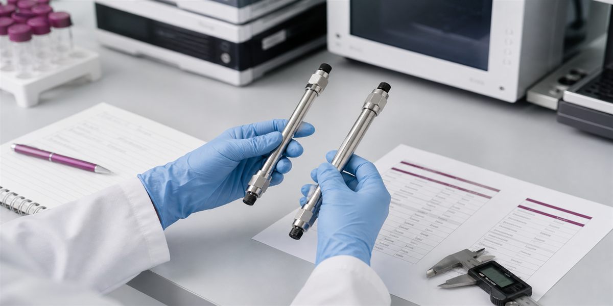 Comparación técnica de dos columnas HPLC en una mesa de laboratorio