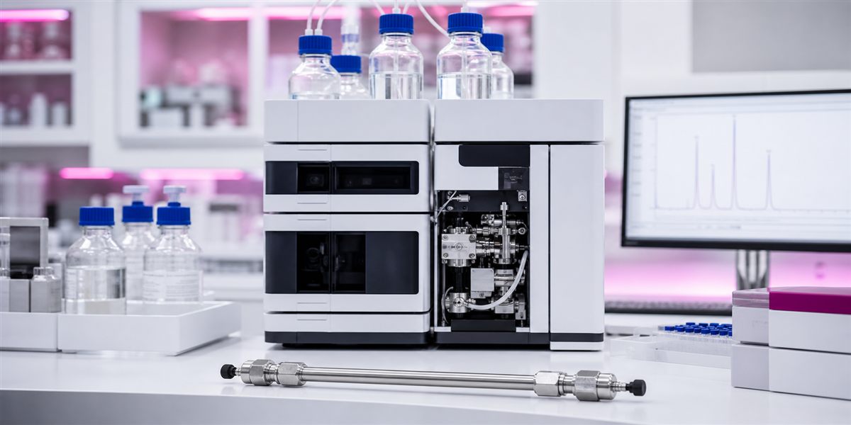 Sistema HPLC y columna analítica en un laboratorio de control de calidad