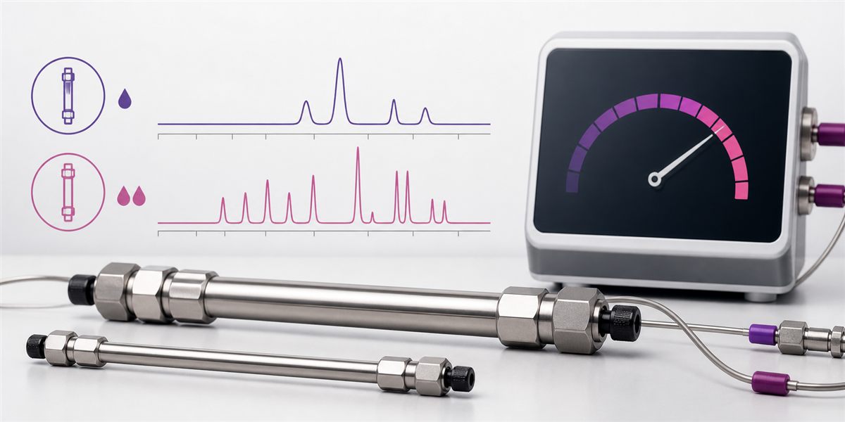 Comparación visual de columnas HPLC y UHPLC con cromatogramas y presión